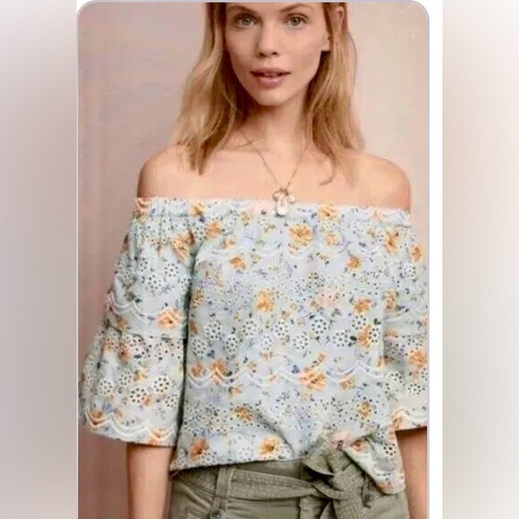 Anthropologie Tops - Anthropologie LAIA Off the Shoulder Green Floral Eyelet Blouse Large